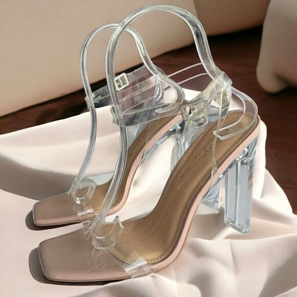 Forever 21 Women’s Nude Clear Heels Square Toe Size 7 - Picture 1 of 5